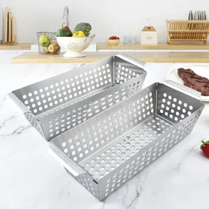 Stainless Steel Vegetable Grill Basket Rectangular BBQ Grill Pan with Dual Handles for Outdoor Cooking Baking