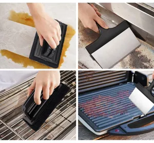 Stainless steel BBQ grill cleaning brush and scraper set for outdoor kitchen cooking