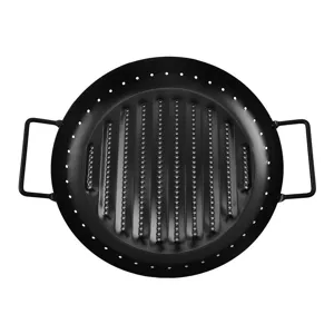 Detailed view of the black round non-stick BBQ grill pan with drainage holes and handles.