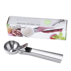 Stainless steel ice cream scoop with trigger release, 45mm diameter ball maker for kitchen use.