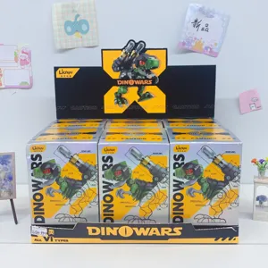 Detail view of the DINOWARS mecha dinosaur toy display box set, showing assembly parts and structure.