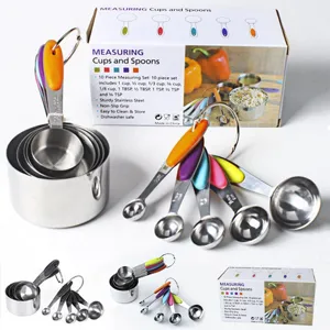 Set di Tazze e Cucchiai Misuratori in Acciaio Inossidabile 10 Pezzi Strumenti di Misura per Cottura con Manico in Silicone