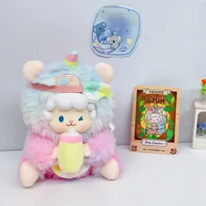 Detailed close-up shot of the cute colored plush capybara toy with vinyl head and bottle.