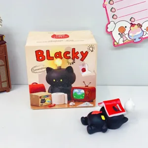 Süße schwarze Katze Blind Box Spielzeug Figur mit Glühbirnenkopf, kreative Desktop Deko.