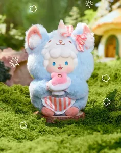 Cute vinyl plush blind box figure, soft fluffy sheep toy with cute bow and charming design.