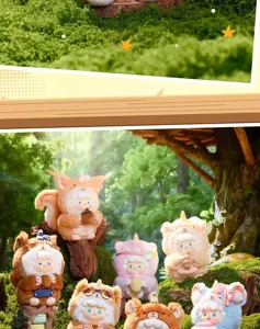 Detailed close-up shot of cute vinyl plush sheep figures displayed in a cozy woodland forest scene.
