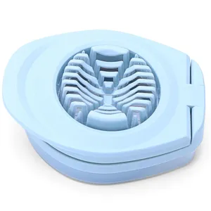 Light blue multi-functional egg slicer with stainless steel wires for kitchen use.