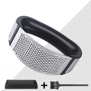 Stainless Steel Garlic Press Manual Garlic Mincer Curved Garlic Rocker Kitchen Tool With Cleaning Brush And Silicone Peeler
