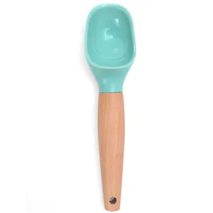 IJsschep detailweergave, met een duurzame mintgroene schepkop en een ergonomische houten handgreep.