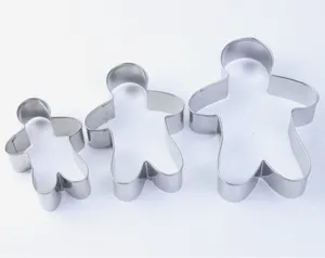 Close-up detail of three stainless steel gingerbread man cookie cutters for holiday baking.