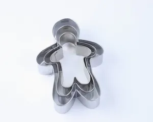 Stainless steel gingerbread man cookie cutter set detail view, durable baking mold.
