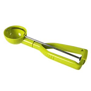 Green plastic ice cream scoop with trigger release mechanism for easy serving 6.5cm