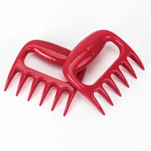 Rode plastic vleesklauwen voor barbecue, duurzaam gereedschap om vlees te versnipperen.