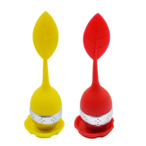 Silicone stainless steel leaf tea infuser set with drip trays in bright red and yellow colors.