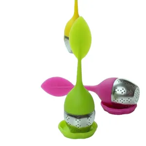 Creative silicone stainless steel leaf tea infuser strainer with drip tray for loose leaf tea.