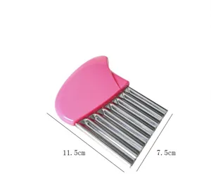 Stainless steel crinkle cutter with pink handle for slicing potatoes and vegetables fast.