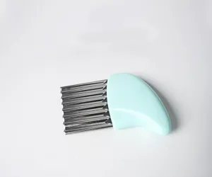 Stainless steel wavy potato cutter with ergonomic light blue handle for making French fries.