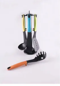 Nylon kitchen utensil set with stand, durable heat-resistant handles, spatula and spoon tool.