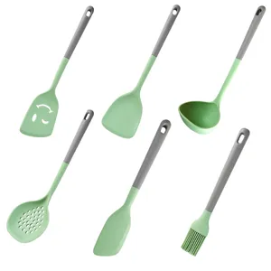 Silicone kitchen utensils set green spatula soup ladle slotted spoon heat resistant cooking tools