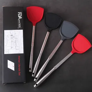 Silicone kitchen spatula set with stainless steel handles, heat resistant cooking utensils.