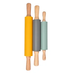Rodillo de amasar de silicona con mango de madera, herramienta de cocina para hornear.