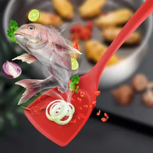 Red silicone cooking spatula, heat-resistant non-stick kitchen utensil for frying food safely.
