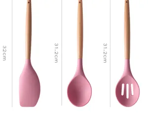 Silicone kitchen utensils set with wooden handle, pink spatula and spoon, heat resistant 88c