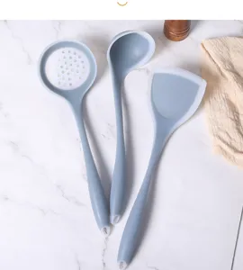 Kitchen silicone utensil set including slotted spoon, soup ladle, and spatula for daily cooking.
