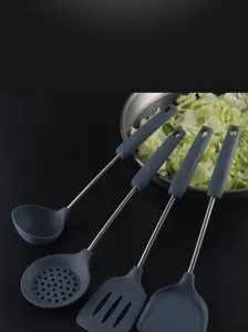 Silicone kitchen utensil set details, featuring heat-resistant spatula, ladle, and skimmer.