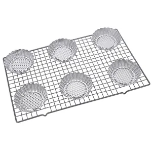 Stainless steel egg tart molds set with cooling wire rack, 6 pieces baking tools for kitchen pastry.