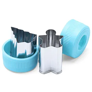 Stainless steel cookie cutters with blue holders, perfect for baking pastries and DIY crafts.