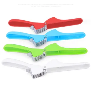 Manual garlic press kitchen tool with plastic handle and stainless steel head, 4 colors set.