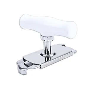 Apribarattoli in acciaio inossidabile con manico bianco, utensile da cucina vista principale.