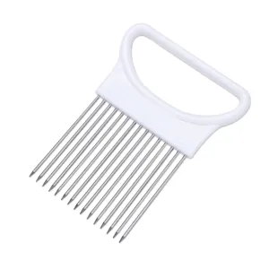 Stainless steel onion holder meat tenderizer fork with white plastic handle main view