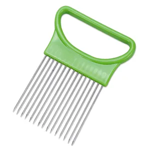 Stainless steel onion holder slicer kitchen tool with green handle for meat tenderizing.
