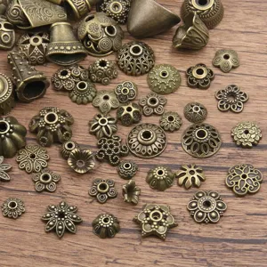 Vintage bronze alloy bead caps and hollow flower spacers for DIY jewelry making supply.