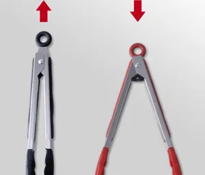 Silicone food tongs locking mechanism detail view, stainless steel kitchen BBQ tool closeup.