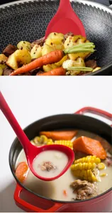 Ensemble d'ustensiles de cuisine en silicone rouge avec spatule et louche antiadhésive.