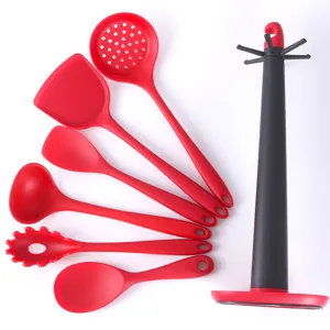 Juego de utensilios de cocina de silicona roja con espátula antiadherente y soporte
