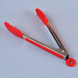 Durable red silicone kitchen food tongs stainless steel BBQ grilling baking cooking tool