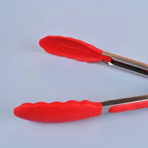 Silicone food tongs with stainless steel handle, ideal for kitchen cooking, baking, and BBQ.
