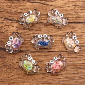 DIY Resin Transparent Luminous Crab Charms For Necklace Bag Decoration Glitter Printed Cartoon Animal Pendants Jewelry Making