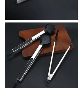 Stainless steel food tongs with heat-resistant nylon heads, perfect for kitchen and BBQ use.