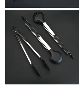 Stainless steel and nylon kitchen food tongs set, heat resistant barbecue tool detail view.