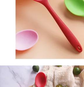 Silicone small soup spoon detail view, heat-resistant candy color kitchen utensil, multi-color.