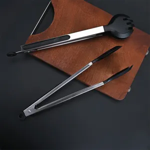 Stainless steel kitchen food tongs with durable nylon heads for barbecue and cooking tasks.