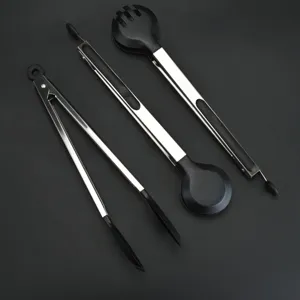 Stainless steel kitchen food tongs set with heat resistant nylon heads for cooking.