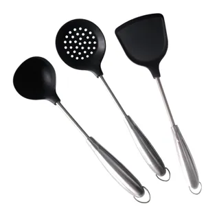3-piece kitchen utensil set with heat-resistant black spoons, skimmer, and spatula.