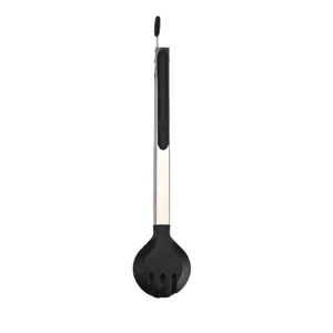 Stainless steel kitchen food tong with black nylon round head, perfect for BBQ, cooking, and serving.