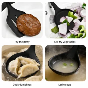 Set di utensili da cucina in silicone nero con spatola e mestolo per cucinare.